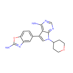 Nc1nc2cc(-c3cn(C4CCOCC4)c4ncnc(N)c34)ccc2o1 ZINC000142642342