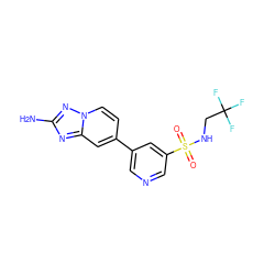 Nc1nc2cc(-c3cncc(S(=O)(=O)NCC(F)(F)F)c3)ccn2n1 ZINC000095562397