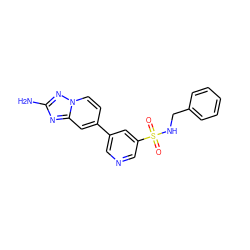 Nc1nc2cc(-c3cncc(S(=O)(=O)NCc4ccccc4)c3)ccn2n1 ZINC000095562344