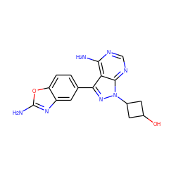 Nc1nc2cc(-c3nn(C4CC(O)C4)c4ncnc(N)c34)ccc2o1 ZINC000142461763