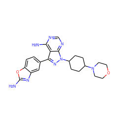 Nc1nc2cc(-c3nn(C4CCC(N5CCOCC5)CC4)c4ncnc(N)c34)ccc2o1 ZINC000142641862