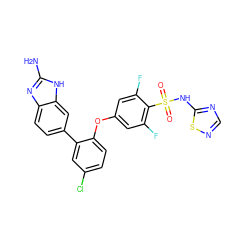Nc1nc2ccc(-c3cc(Cl)ccc3Oc3cc(F)c(S(=O)(=O)Nc4ncns4)c(F)c3)cc2[nH]1 ZINC000205518778