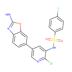 Nc1nc2ccc(-c3cnc(Cl)c(NS(=O)(=O)c4ccc(F)cc4)c3)cc2o1 ZINC000072181875