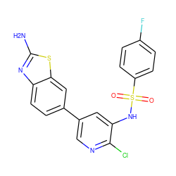 Nc1nc2ccc(-c3cnc(Cl)c(NS(=O)(=O)c4ccc(F)cc4)c3)cc2s1 ZINC000072180713