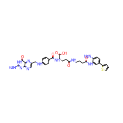 Nc1nc2ncc(CNc3ccc(C(=O)N[C@@H](CCC(=O)NCCCC(=O)Nc4cc(-c5cccs5)ccc4N)C(=O)O)cc3)nc2c(=O)[nH]1 ZINC000299858065