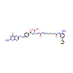 Nc1nc2ncc(CNc3ccc(C(=O)N[C@@H](CCC(=O)NCCCCCCC(=O)Nc4cc(-c5cccs5)ccc4N)C(=O)O)cc3)nc2c(=O)[nH]1 ZINC000299861445