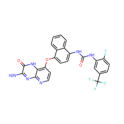 Nc1nc2nccc(Oc3ccc(NC(=O)Nc4cc(C(F)(F)F)ccc4F)c4ccccc34)c2[nH]c1=O ZINC000058540777