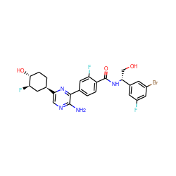 Nc1ncc([C@@H]2CC[C@@H](O)[C@H](F)C2)nc1-c1ccc(C(=O)N[C@H](CO)c2cc(F)cc(Br)c2)c(F)c1 ZINC001772573017