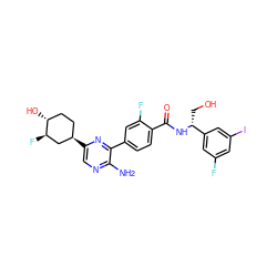 Nc1ncc([C@@H]2CC[C@@H](O)[C@H](F)C2)nc1-c1ccc(C(=O)N[C@H](CO)c2cc(F)cc(I)c2)c(F)c1 ZINC001772625736