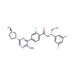 Nc1ncc([C@@H]2CC[C@@H](O)C2)nc1-c1ccc(C(=O)N[C@H](CO)c2cc(F)cc(I)c2)c(F)c1 ZINC001772598865