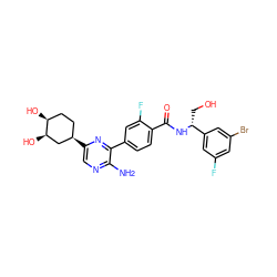 Nc1ncc([C@@H]2CC[C@H](O)[C@H](O)C2)nc1-c1ccc(C(=O)N[C@H](CO)c2cc(F)cc(Br)c2)c(F)c1 ZINC001772627974