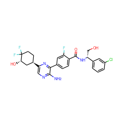 Nc1ncc([C@@H]2CCC(F)(F)[C@@H](O)C2)nc1-c1ccc(C(=O)N[C@H](CO)c2cccc(Cl)c2)c(F)c1 ZINC001772598756