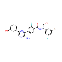 Nc1ncc([C@@H]2CCC[C@H](O)C2)nc1-c1ccc(C(=O)N[C@H](CO)c2cc(F)cc(Br)c2)c(F)c1 ZINC001772643432