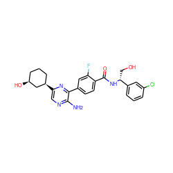 Nc1ncc([C@@H]2CCC[C@H](O)C2)nc1-c1ccc(C(=O)N[C@H](CO)c2cccc(Cl)c2)c(F)c1 ZINC001772641494