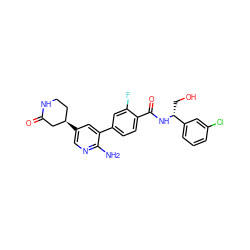 Nc1ncc([C@@H]2CCNC(=O)C2)cc1-c1ccc(C(=O)N[C@H](CO)c2cccc(Cl)c2)c(F)c1 ZINC001772588188