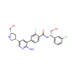 Nc1ncc([C@@H]2CN[C@H](CO)C2)cc1-c1ccc(C(=O)N[C@H](CO)c2cccc(Cl)c2)c(F)c1 ZINC001772655899