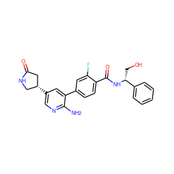 Nc1ncc([C@@H]2CNC(=O)C2)cc1-c1ccc(C(=O)N[C@H](CO)c2ccccc2)c(F)c1 ZINC001772587251