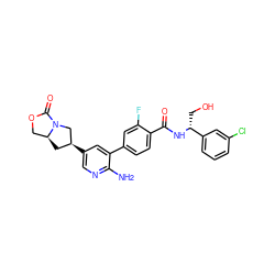 Nc1ncc([C@H]2C[C@H]3COC(=O)N3C2)cc1-c1ccc(C(=O)N[C@H](CO)c2cccc(Cl)c2)c(F)c1 ZINC001772650000