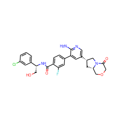 Nc1ncc([C@H]2C[C@H]3COCC(=O)N3C2)cc1-c1ccc(C(=O)N[C@H](CO)c2cccc(Cl)c2)c(F)c1 ZINC001772611424