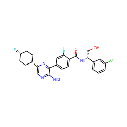 Nc1ncc([C@H]2CC[C@@H](F)CC2)nc1-c1ccc(C(=O)N[C@H](CO)c2cccc(Cl)c2)c(F)c1 ZINC001772640934