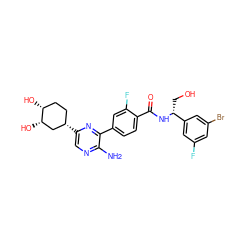 Nc1ncc([C@H]2CC[C@@H](O)[C@@H](O)C2)nc1-c1ccc(C(=O)N[C@H](CO)c2cc(F)cc(Br)c2)c(F)c1 ZINC001772606247
