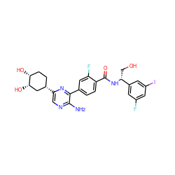 Nc1ncc([C@H]2CC[C@@H](O)[C@@H](O)C2)nc1-c1ccc(C(=O)N[C@H](CO)c2cc(F)cc(I)c2)c(F)c1 ZINC001772637871