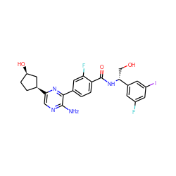 Nc1ncc([C@H]2CC[C@@H](O)C2)nc1-c1ccc(C(=O)N[C@H](CO)c2cc(F)cc(I)c2)c(F)c1 ZINC001772624629