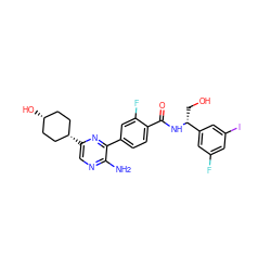 Nc1ncc([C@H]2CC[C@@H](O)CC2)nc1-c1ccc(C(=O)N[C@H](CO)c2cc(F)cc(I)c2)c(F)c1 ZINC001772601101