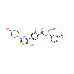 Nc1ncc([C@H]2CC[C@@H](O)CC2)nc1-c1ccc(C(=O)N[C@H](CO)c2cccc(C(F)(F)F)c2)c(F)c1 ZINC001772649309