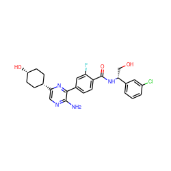 Nc1ncc([C@H]2CC[C@@H](O)CC2)nc1-c1ccc(C(=O)N[C@H](CO)c2cccc(Cl)c2)c(F)c1 ZINC001772597655