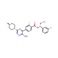 Nc1ncc([C@H]2CC[C@H](F)CC2)nc1-c1ccc(C(=O)N[C@H](CO)c2cccc(Cl)c2)c(F)c1 ZINC001772655997