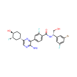 Nc1ncc([C@H]2CC[C@H](O)[C@@H](F)C2)nc1-c1ccc(C(=O)N[C@H](CO)c2cc(F)cc(Br)c2)c(F)c1 ZINC001772649586