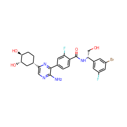 Nc1ncc([C@H]2CC[C@H](O)[C@@H](O)C2)nc1-c1ccc(C(=O)N[C@H](CO)c2cc(F)cc(Br)c2)c(F)c1 ZINC001772604733