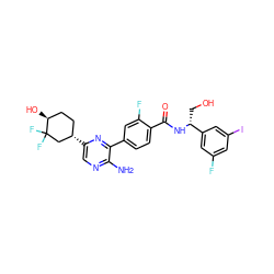Nc1ncc([C@H]2CC[C@H](O)C(F)(F)C2)nc1-c1ccc(C(=O)N[C@H](CO)c2cc(F)cc(I)c2)c(F)c1 ZINC001772618807