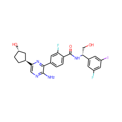 Nc1ncc([C@H]2CC[C@H](O)C2)nc1-c1ccc(C(=O)N[C@H](CO)c2cc(F)cc(I)c2)c(F)c1 ZINC001772581742