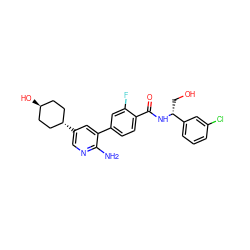 Nc1ncc([C@H]2CC[C@H](O)CC2)cc1-c1ccc(C(=O)N[C@H](CO)c2cccc(Cl)c2)c(F)c1 ZINC001772601119