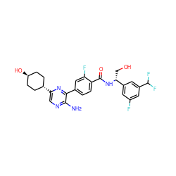 Nc1ncc([C@H]2CC[C@H](O)CC2)nc1-c1ccc(C(=O)N[C@H](CO)c2cc(F)cc(C(F)F)c2)c(F)c1 ZINC001772579574