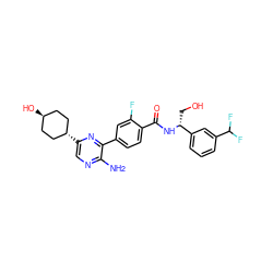 Nc1ncc([C@H]2CC[C@H](O)CC2)nc1-c1ccc(C(=O)N[C@H](CO)c2cccc(C(F)F)c2)c(F)c1 ZINC001772618496