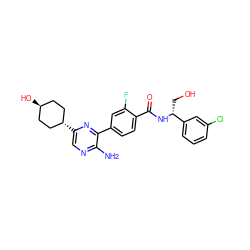 Nc1ncc([C@H]2CC[C@H](O)CC2)nc1-c1ccc(C(=O)N[C@H](CO)c2cccc(Cl)c2)c(F)c1 ZINC001772626383