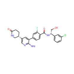 Nc1ncc([C@H]2CCC(=O)NC2)cc1-c1ccc(C(=O)N[C@H](CO)c2cccc(Cl)c2)c(F)c1 ZINC001772603725