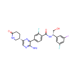 Nc1ncc([C@H]2CCC(=O)NC2)nc1-c1ccc(C(=O)N[C@H](CO)c2cc(F)cc(I)c2)c(F)c1 ZINC001772612513