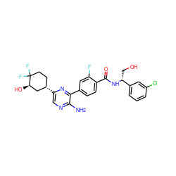 Nc1ncc([C@H]2CCC(F)(F)[C@H](O)C2)nc1-c1ccc(C(=O)N[C@H](CO)c2cccc(Cl)c2)c(F)c1 ZINC001772608490