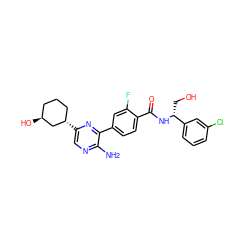 Nc1ncc([C@H]2CCC[C@H](O)C2)nc1-c1ccc(C(=O)N[C@H](CO)c2cccc(Cl)c2)c(F)c1 ZINC001772647461