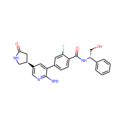 Nc1ncc([C@H]2CNC(=O)C2)cc1-c1ccc(C(=O)N[C@H](CO)c2ccccc2)c(F)c1 ZINC001772645189