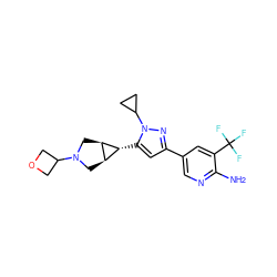 Nc1ncc(-c2cc([C@@H]3[C@H]4CN(C5COC5)C[C@H]43)n(C3CC3)n2)cc1C(F)(F)F ZINC000653668769