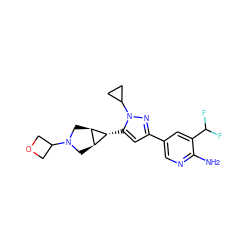 Nc1ncc(-c2cc([C@@H]3[C@H]4CN(C5COC5)C[C@H]43)n(C3CC3)n2)cc1C(F)F ZINC000148079667