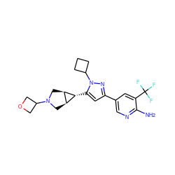 Nc1ncc(-c2cc([C@@H]3[C@H]4CN(C5COC5)C[C@H]43)n(C3CCC3)n2)cc1C(F)(F)F ZINC000148069194