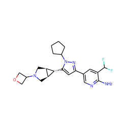 Nc1ncc(-c2cc([C@@H]3[C@H]4CN(C5COC5)C[C@H]43)n(C3CCCC3)n2)cc1C(F)F ZINC000148079208