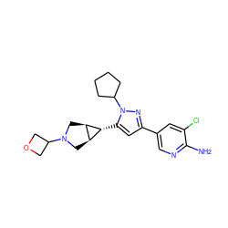 Nc1ncc(-c2cc([C@@H]3[C@H]4CN(C5COC5)C[C@H]43)n(C3CCCC3)n2)cc1Cl ZINC000148088409