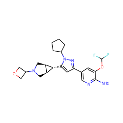 Nc1ncc(-c2cc([C@@H]3[C@H]4CN(C5COC5)C[C@H]43)n(C3CCCC3)n2)cc1OC(F)F ZINC000148087915